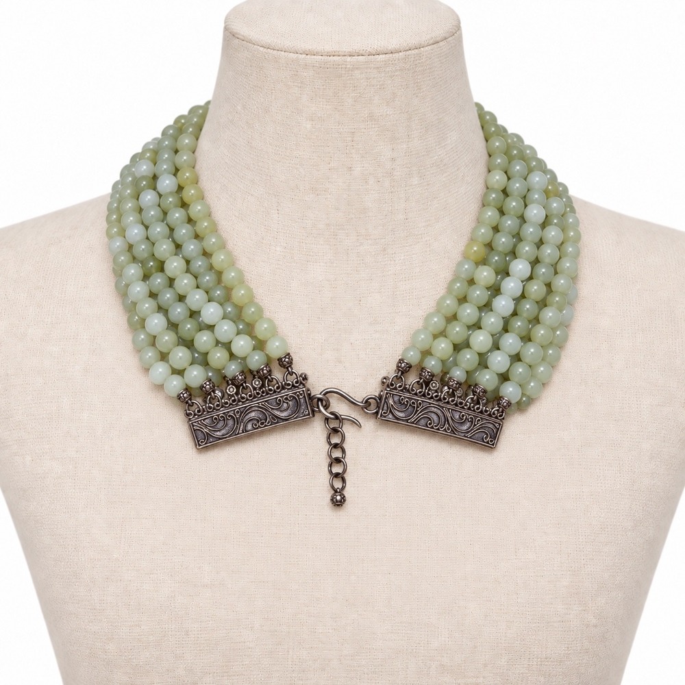 Vintage Green Stone Multi Strand Bib Necklace OS Filigree Clasp